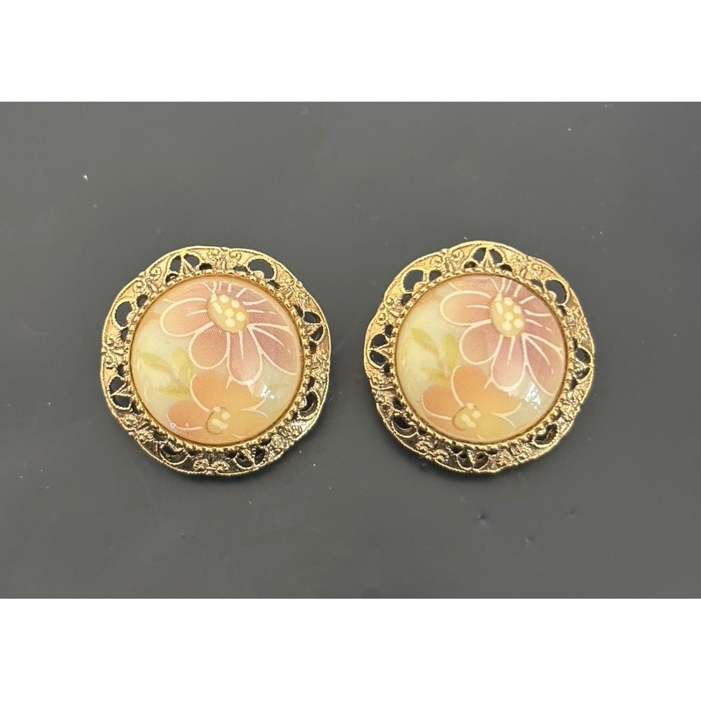 Vintage 1928 Clip On Earrings Floral Cabochon Pink Purple 80s 90s